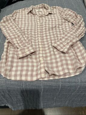 Women’s Tan and White Plaid Button-Up Shirt by Cosmic Blue Love